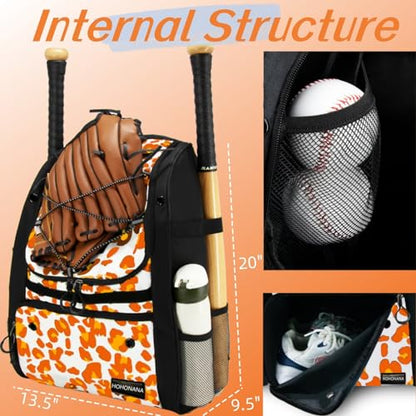 Youth Softball Equipment Bag with Vented Shoe Compartment, Baseball Bat Bag, Fence Hook, for Batting Mitten, Helmet, Teeball Gear, Adult Boys Girls Kids - color: Orange Leopard