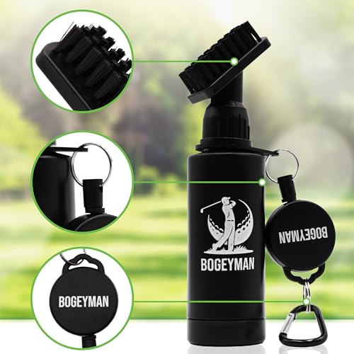 Bogeyman Golf Club Brush & Microfiber Towel Set - Retractable Clip - D-Ring Carabiner - Water Squeeze Bottle - Easy Cleaning