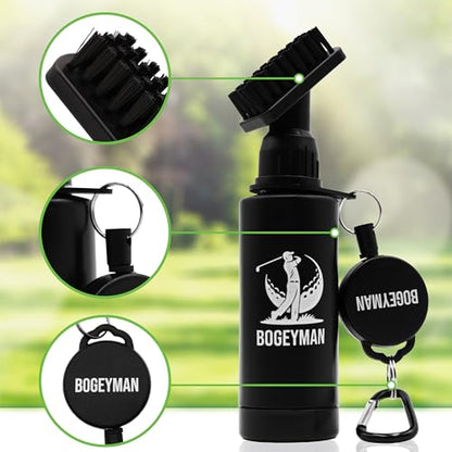 Bogeyman Golf Club Brush & Microfiber Towel Set - Retractable Clip - D-Ring Carabiner - Water Squeeze Bottle - Easy Cleaning