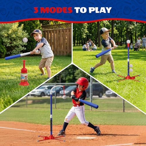 3-in-1 T Ball Set for Kids 3-5, Adjustable Baseball Tee with Auto Ball Launcher, Hanging Stand & 4 Balls, Indoor/Outdoor Sports Toys Gifts for Boys Girls Ages 5-8