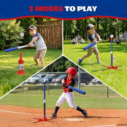 3-in-1 T Ball Set for Kids 3-5, Adjustable Baseball Tee with Auto Ball Launcher, Hanging Stand & 4 Balls, Indoor/Outdoor Sports Toys Gifts for Boys Girls Ages 5-8