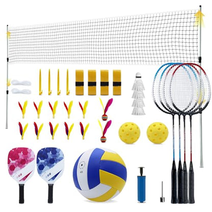 Outdoor Portable Volleyball and Badminton Net Combo Set, Official Size 5 Volleyballs Pickleball and Badminton Set for Backyard Games (Blue+Green)