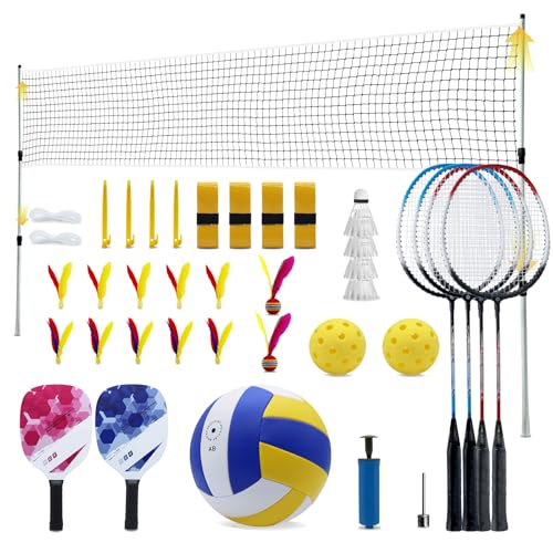 Outdoor Portable Volleyball and Badminton Net Combo Set, Official Size 5 Volleyballs Pickleball and Badminton Set for Backyard Games (Blue+Green)
