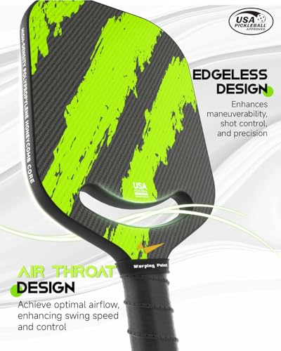 Warping Point Ascent Pickleball Paddles| Carbon Fiber Pickleball Racket with Aero Throat | Textured Grit Surface | Hexa Polymer Core | Designed for Swing Speed and Maneuverability - style: Green-16MM