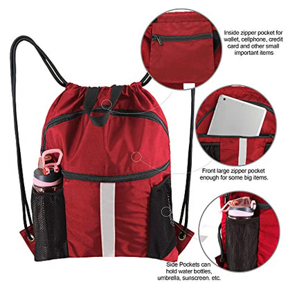 BeeGreen Drawstring Backpack Bag with Shoe Compartment, X-Large Black Gym Sports String Cinch Backpack - color: Red