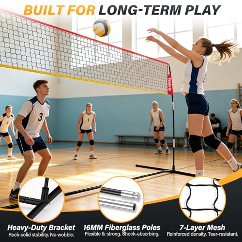 12ft Freestanding Volleyball Net – Height Adjustable 7.4ft/8ft for Men & Women, Durable Fiberglass Poles, 4-Minute Quick Setup – Includes Carry Bag & Stakes for Backyard, Gym, Beach