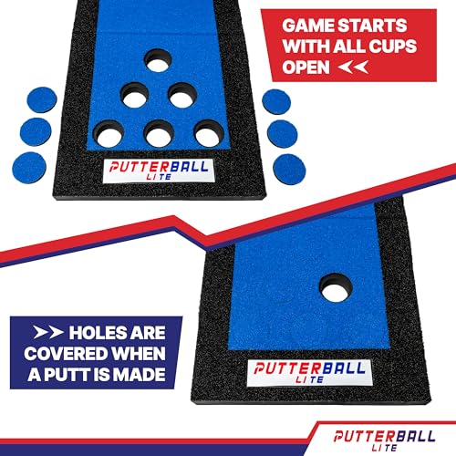 PutterBall Original Golf Putting Game Set – Backyard Putting Green Pong Style Golf Mat with 2 Putters, 2 Balls & Hole Covers - 9 ft - color: Blue