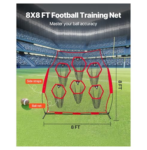 8 x 8 ft Football Trainer Throwing Net, Training Throwing Target Practice Net with 6 Target Pockets, Knotless Net Includes Straps and Portable Carry Case, Improve QB Throwing Accuracy, Red