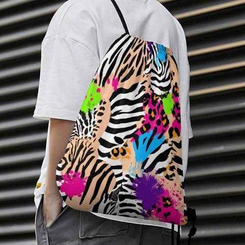 Theft Proof Cinch Sack Drawstring Backpack Water Resistant for Camping Travel Sports Gear Men Women, Rainbow Animal Zebra Tiger Cheetah Leopard Print Splatter Bags - color: Picture (1007)