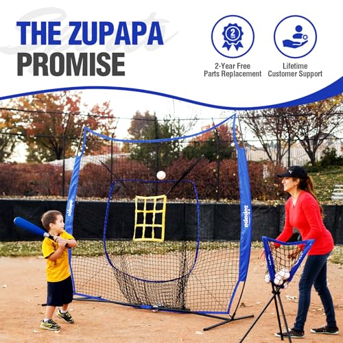 Zupapa Baseball Softball Practice Combo - 7 X 7 Feet Net Tee Caddy 12 Pack Baseballs Set, Upgraded Vivid Strike Zone, Baseball Backstop Practice Net for Hitting Pitching Batting Catching - color: Blue