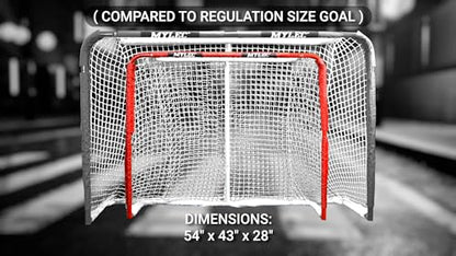 Mylec Steel Junior Hockey Goal for Indoor + Outdoor (52” x 43”), Easy Assembly, Lightweight, Portable, and Net Weave System (Red, 17 Pounds)