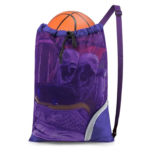 BeeGreen Mesh Drawstring Bag Swim Backpack for Beach Pool Sports Gym Draw String Cinch Bags for Swimming Soccer Basketball Gear Purple - color: Purple
