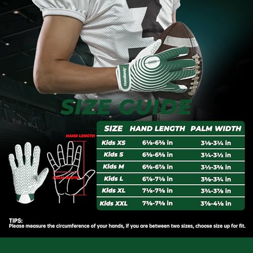 HANDLANDY Youth Football Gloves, Kids Sticky Receiver Gloves,Super Grip Football Glove Best Gift for Boys,Girls - color: White and Green, size: X-Small-Youth