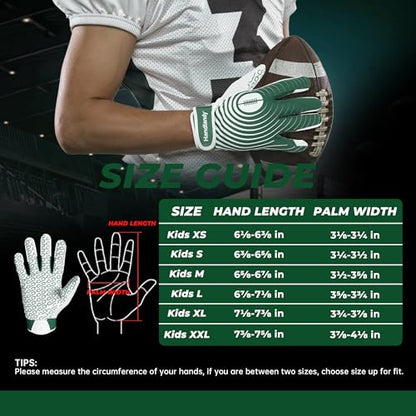 HANDLANDY Youth Football Gloves, Kids Sticky Receiver Gloves,Super Grip Football Glove Best Gift for Boys,Girls - color: White and Green, size: X-Small-Youth