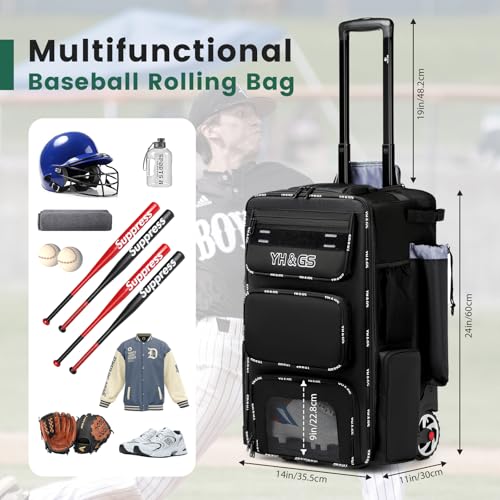 Rolling Baseball Bag,Wheeled Softball Bag with Fence Hook for TBall Bat & Equipment,Lightweight Baseball Bat with Shoe Compartment - color: Black