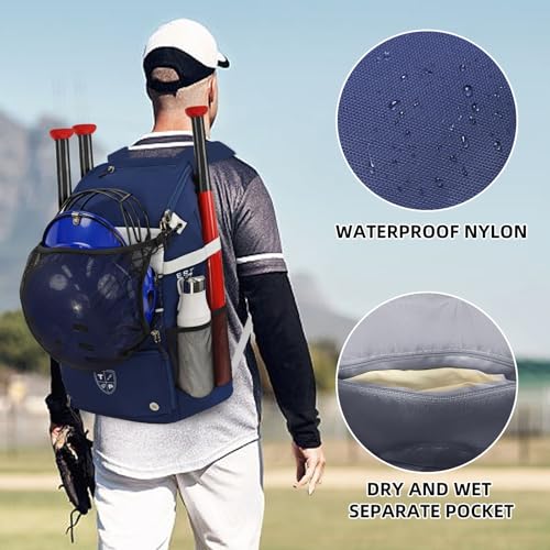 TPAID Baseball Backpack Large Capacity Softball Bag with Shoes Compartment and Fence Hook, Lightweight Baseball Equipment Bag Holds Bats, Helmets, Gloves, Hats, Clothes, Shoes - color: Blue-B, size: 4 Bat Baseball