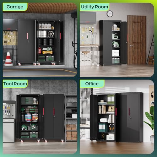 Kelueo 71" H Garage Storage Cabinet with Wheels,Metal Cabinets with 4 Adjustable Shelves and 2 Locking Doors for Garage,Home,Office,Shop,Black