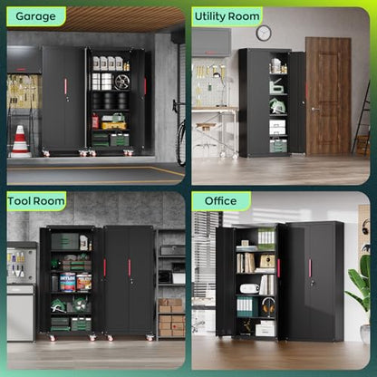 Kelueo 71" H Garage Storage Cabinet with Wheels,Metal Cabinets with 4 Adjustable Shelves and 2 Locking Doors for Garage,Home,Office,Shop,Black