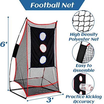 3x6FT Football Net with Throwing Target Strike Zone for Kicking Punting and QB Accuracy Training Portable Football Practice Equipment with Steel Base and Carry Bag
