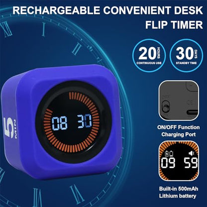 Rotating Cube Visual Pomodoro Timer 5, 25, 10 50 Minutes Preset + Custom Countdown, Rechargeable Desk Productivity Flip Timer with Detachable Silicone Cover for ADHD Study Work Kitchen School (White) - color: White