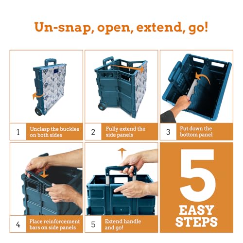 Inspired Living Ultra-Slim Rolling Collapsible Storage Pack-N-Roll Utility-carts, with Telescopic Handle, for Home, Garden, Shopping, Office, School use, Large, Blue, Wave Print