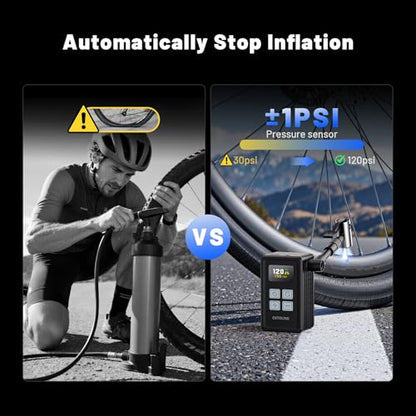 Mini Bike Tire Pump - 20s Fast Inflate Electric Bike Pump with Gauge, Max 150PSI Electric Air Pump with Presta & Schrader Valve for Road Bike, Mountain Bike, Electric Bike