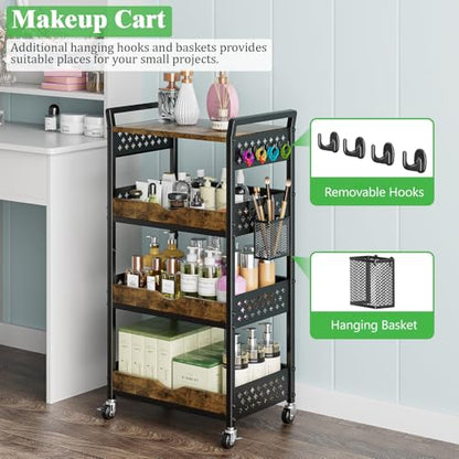 4 Tier Bathroom Storage Cart - Kitchen Rolling Cart on Wheels, Metal Snack Cart Pantry Floor Organizer with Hooks and Mesh Basket, Black Utility Trolley Rack for Fruit Coffee Craft Makeup