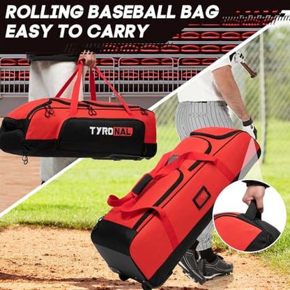 Baseball Bag with Wheels for 4 Bats,Soft Rolling Baseball Bag With Multi-Pockets, Fence Hook, Holds All Baseball Equipment.