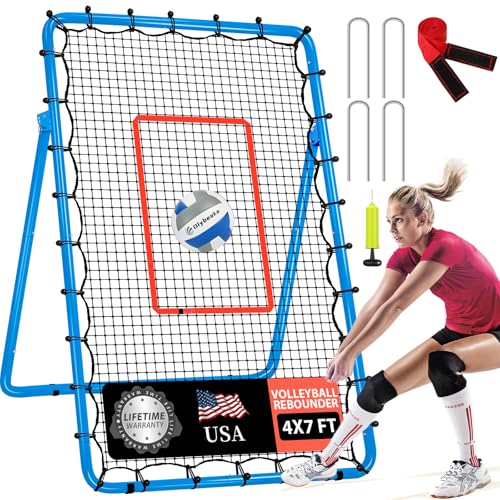 6-Angle Adjustable Volleyball Rebounder Net 7x4ft, High Stable Bounce Back Training Equipment for Practicing Volleying Bumping Spiking with High-Tension Net, PU Volleyball and Pump, Stakes - color: Blue