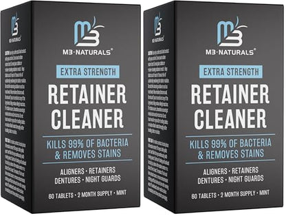 Retainer Cleanser Tablets Cleaner, Removes Odors Discoloration Stains and Plaque 2 Month Supply Denture Cleansers Retainers Mouth Guards Denture Bath Mint by M3 Naturals (Pack of 2) - size: 60 Count (Pack of 2)