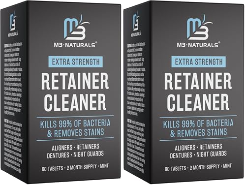 Retainer Cleanser Tablets Cleaner, Removes Odors Discoloration Stains and Plaque 2 Month Supply Denture Cleansers Retainers Mouth Guards Denture Bath Mint by M3 Naturals (Pack of 2) - size: 60 Count (Pack of 2)