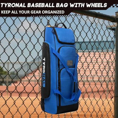 Baseball Bag with Wheels for 4 Bats,Soft Rolling Baseball Bag With Multi-Pockets, Fence Hook, Holds All Baseball Equipment. - color: Blue/Blk