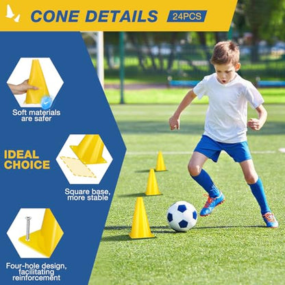 24pcs Cones 9 Inch Soccer Cones and Plastic Traffic Cones, Durable Cones for Sports Training, Ideal for Soccer, Basketball, Football, Skating, and Agility Drills Practice - color: yellow