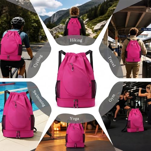 Sports Drawstring Backpack, Badminton Gym Bag Holds 2 Rackets with Shoe Compartment, Off-work, Everyday & Overnight Weekend - color: Fuchsia