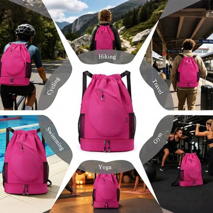Sports Drawstring Backpack, Badminton Gym Bag Holds 2 Rackets with Shoe Compartment, Off-work, Everyday & Overnight Weekend - color: Fuchsia