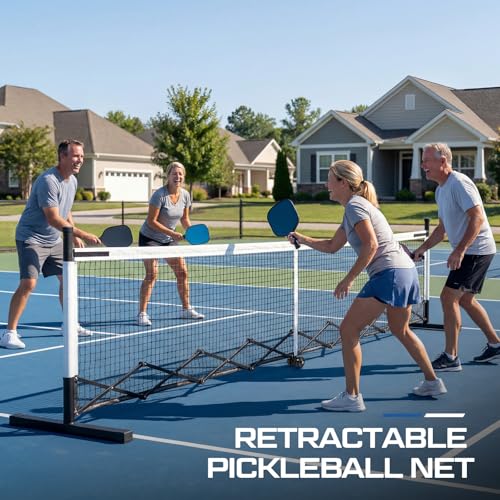 Retractable Dinkball Net with Wheel 22ft Regularion Size Tournament-Grade Portable Dinkball Net Indoor Outdoor with Heavy Duty Metal Frame Carry Bag for Driveway Backyards Garage, Free Assembly