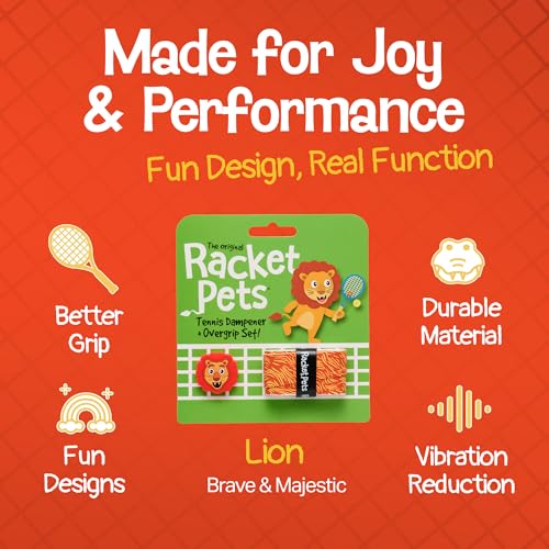 Racket Pets Kids Tennis Racket Dampener & Matching Overgrip Tape, Performance Shock Absorbing Dampener for Tennis Racket & Fun Animal Print Tennis Wrap Grip Tape - style: Lion