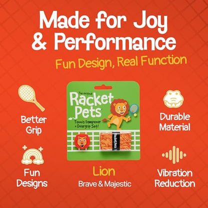 Racket Pets Kids Tennis Racket Dampener & Matching Overgrip Tape, Performance Shock Absorbing Dampener for Tennis Racket & Fun Animal Print Tennis Wrap Grip Tape - style: Lion