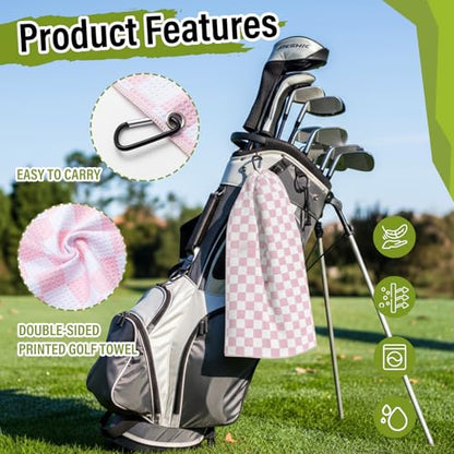 Liliful Woman Golf Accessories Kit Include 19.69 x 15.75 Inches Microfiber Waffle Golf Towel and Club Groove Cleaner Brush for Woman Gifts - color: Pink Checked