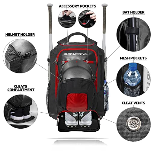 PowerNet Baseball Softball Backpack, Choose from 3 Colors Red Black Blue, Padded Helmet Carrier, Dual Bat Sleeves, Vented Cleat Compartment, Fence Hook, Hook and Loop Batting Glove Area - color: Red