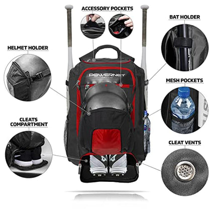 PowerNet Baseball Softball Backpack, Choose from 3 Colors Red Black Blue, Padded Helmet Carrier, Dual Bat Sleeves, Vented Cleat Compartment, Fence Hook, Hook and Loop Batting Glove Area - color: Red