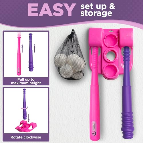T Ball Stand for Kids and Toddlers 1-3, 3-5, 5-8. Baseball Set Includes 6 Large Balls, an Adjustable Tball Batting Tee, and a Pitching Machine. Kids Bat and T-Ball Set - style: PINK T BALL