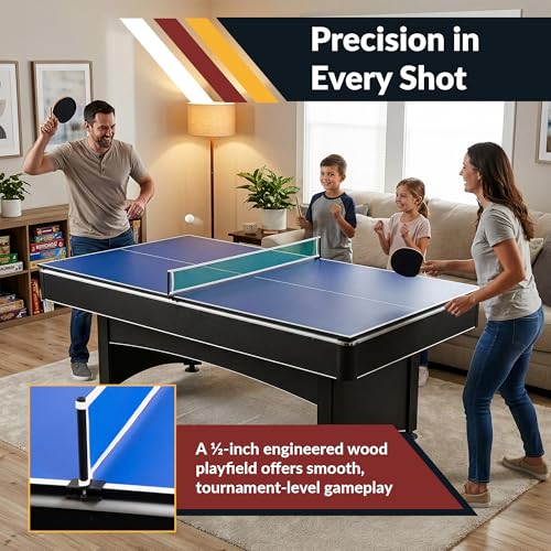 Hathaway Maverick 7 Foot Pool Table with Table Tennis Top – with Accessories for Both Games – Space-Saving Ping Pong and Pool Table Combo for Families – Matte Black Finish - color: Black with Red Felt