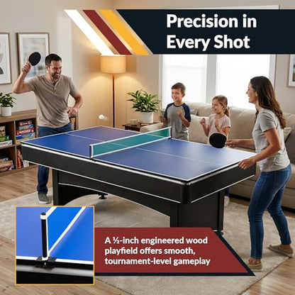 Hathaway Maverick 7 Foot Pool Table with Table Tennis Top – with Accessories for Both Games – Space-Saving Ping Pong and Pool Table Combo for Families – Matte Black Finish - color: Black with Red Felt