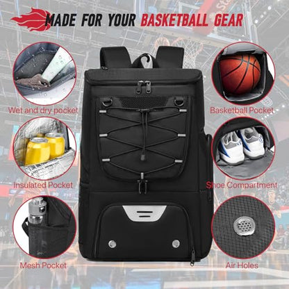 Basketball Backpack, Basketball Bag with Separate Ball Holder & Shoes Compartment Water Resistant Sports Bag Basketball Equipment Bags Fit Volleyball, Soccer, Swim, Gym, Travel, Black