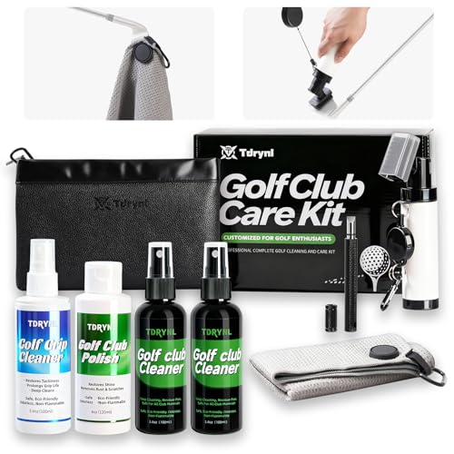 Pro Golf Club Care Kit – Cleaner, Polish, Brush, Groove Sharpener, Grip Cleaner, Magnetic Towel & Leather Bag – Restores Clubs, Removes Rust & Scratches, Renews Tackiness – Golf Gifts for Golfers