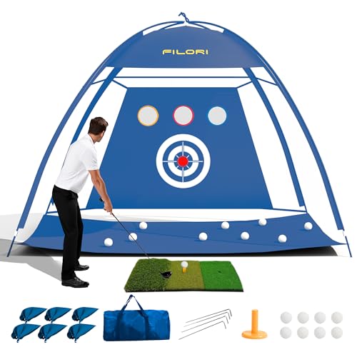 FILORI Golf Practice Net 10x7FT Heavy-Duty Golf Hitting Net with Tri-Turf Mat, 8 Balls, Tee & Carry Bag, Indoor/Outdoor Backyard Training for Driving Chipping Swing - color: Blue
