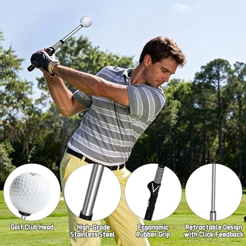 Retractable Golf Swing Trainer, Golf Grip Training Aid for Strength & Tempo Practice – Click Feedback Stick for Chipping & Hitting, Portable Warm-Up Trainer for Beginners Indoor/Outdoor