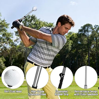 Retractable Golf Swing Trainer, Golf Grip Training Aid for Strength & Tempo Practice – Click Feedback Stick for Chipping & Hitting, Portable Warm-Up Trainer for Beginners Indoor/Outdoor