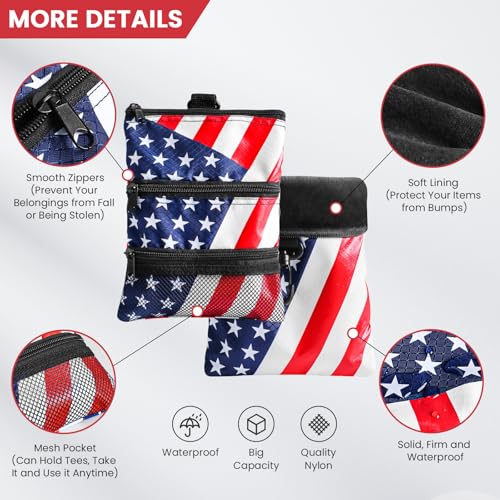 Amy Sport Golf Bag Accessories Valuables Pouch Bags Multi Pocket Zipper Hook with 10 Pcs Wood Golf Tees for Men Women - color: USA Flag